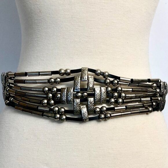 Vtg 80s Wide Concho Belt Silver Tone Strappy Adjustable Boho Wstrn Retro Glam - Picture 2 of 16